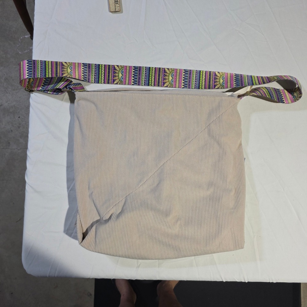 Makukke Beige Corduroy Crossbody Bag Hobo Tote with Geometric Pattern Strap